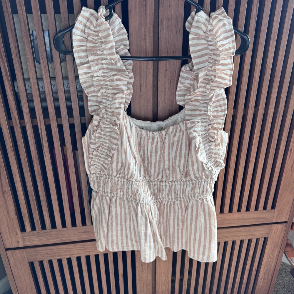 Abercrombie Linen Striped Ruffle Shoulder Tank Top